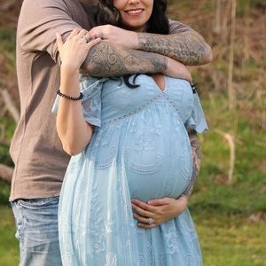 Pink Blush Lace Mesh Overlay Maternity Maxi Dress